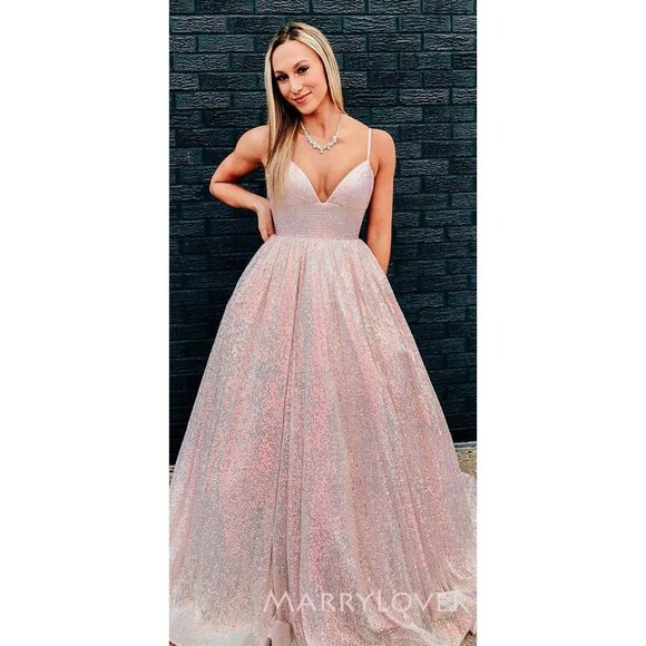 B.Smart  Sequin Spaghetti Strap Formal Gown Light Pink/Iridescent - Picture 2 of 12